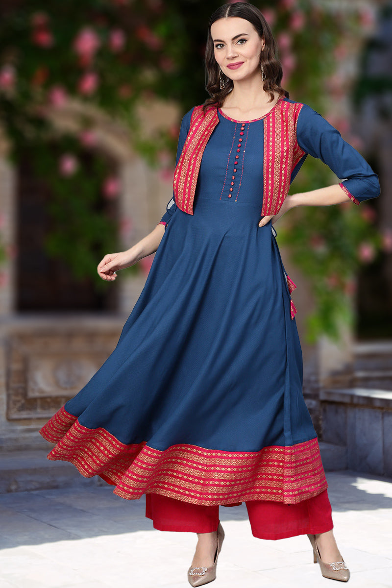 Rayon Dobby & Chanderi Gold Print Anarkali Kurta (Blue)