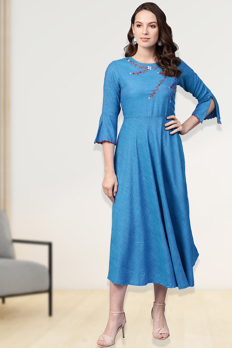 Viscose Embroidered Anarkali Kurta Dress (Blue)