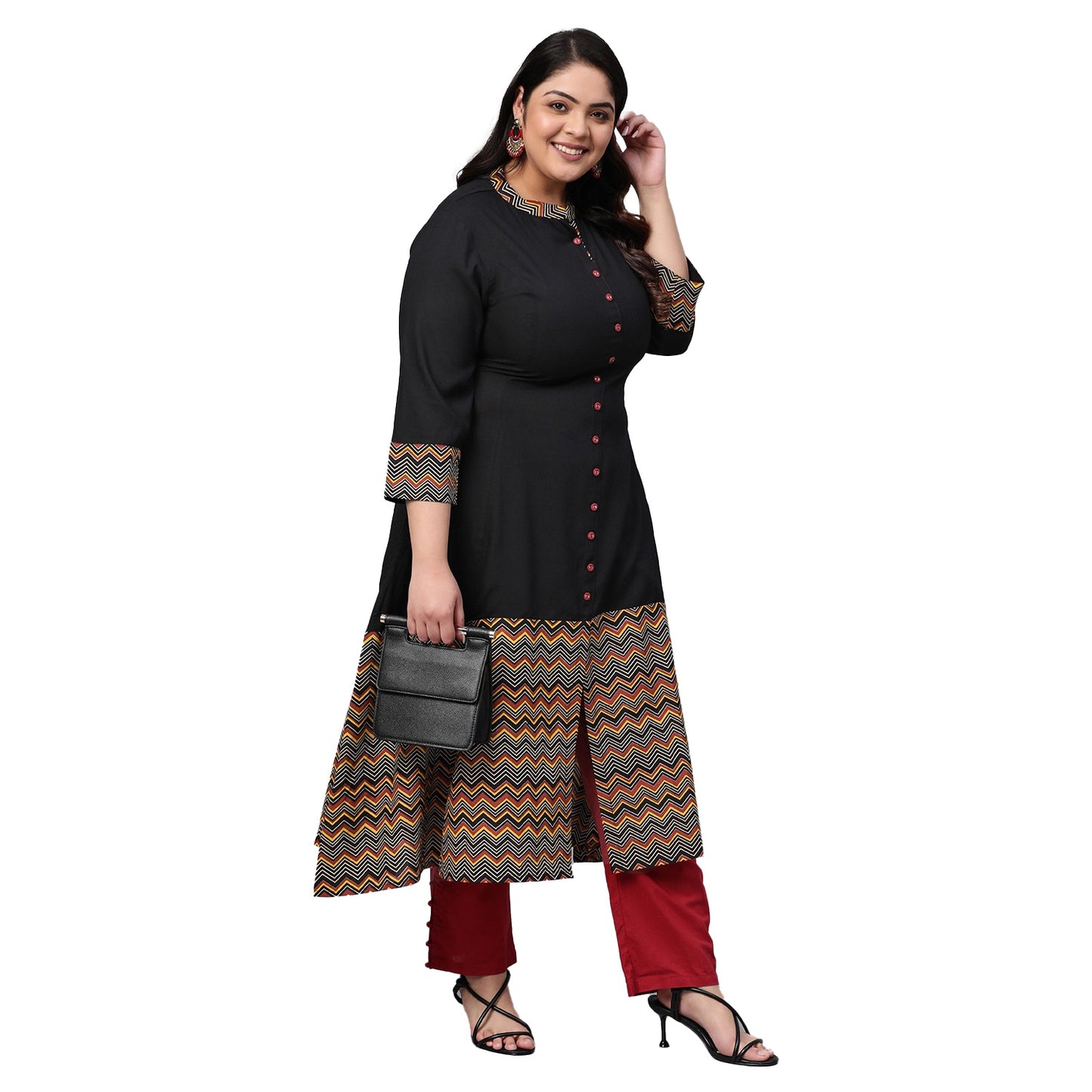 Rayon & Cotton Cambric Zig-Zag Printed A-line Kurta