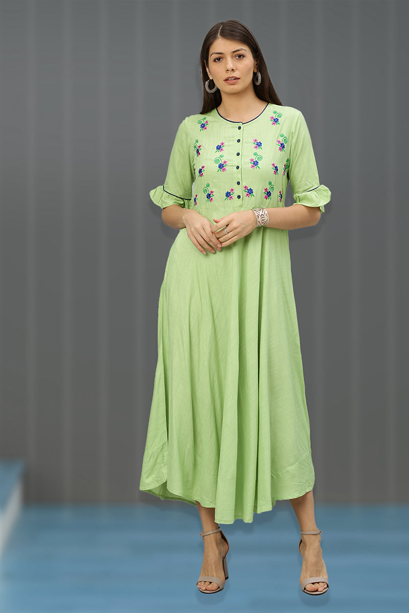 Rayon Slub Embroidered Anarkali Kurta Dress (Green)