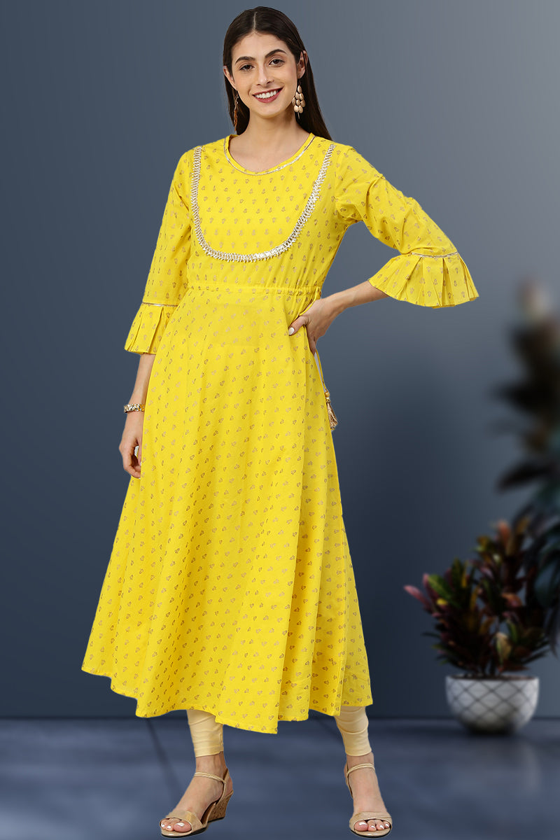 Cambric Cotton Golden Butti Printed Anarkali Kurta (Yellow)