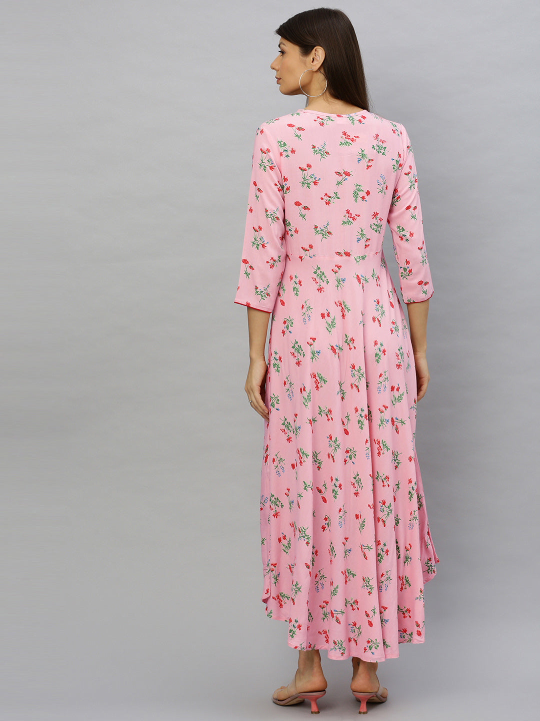 Rayon Floral Printed Anarkali Kurta Dress (Pink)