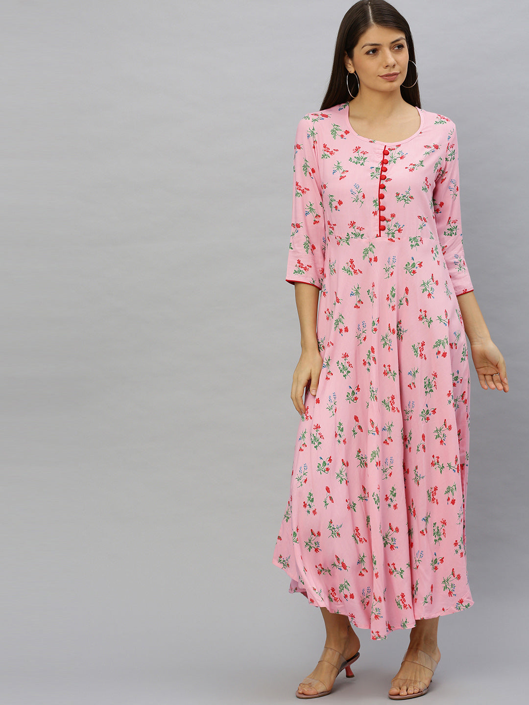 Rayon Floral Printed Anarkali Kurta Dress (Pink)