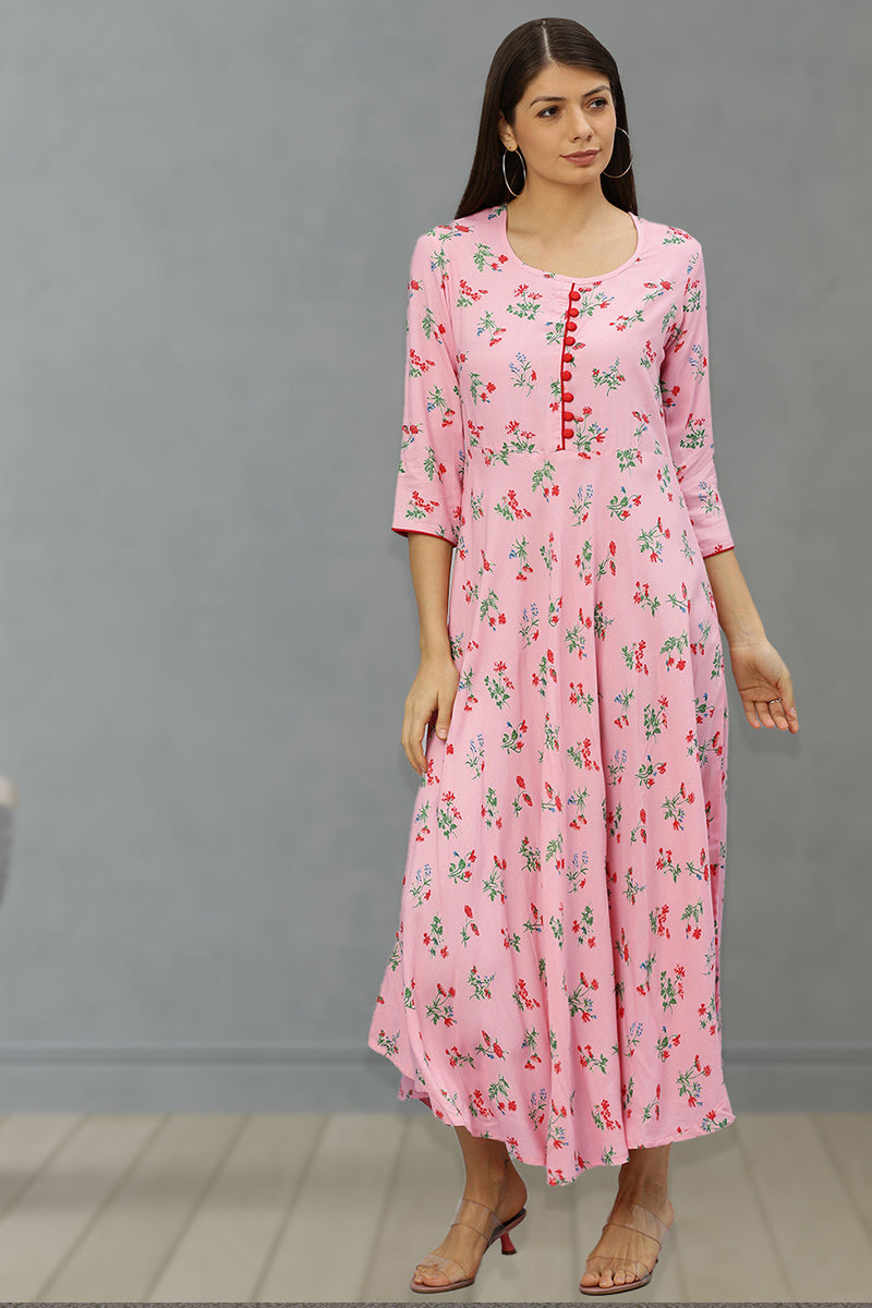 Rayon Floral Printed Anarkali Kurta Dress (Pink)