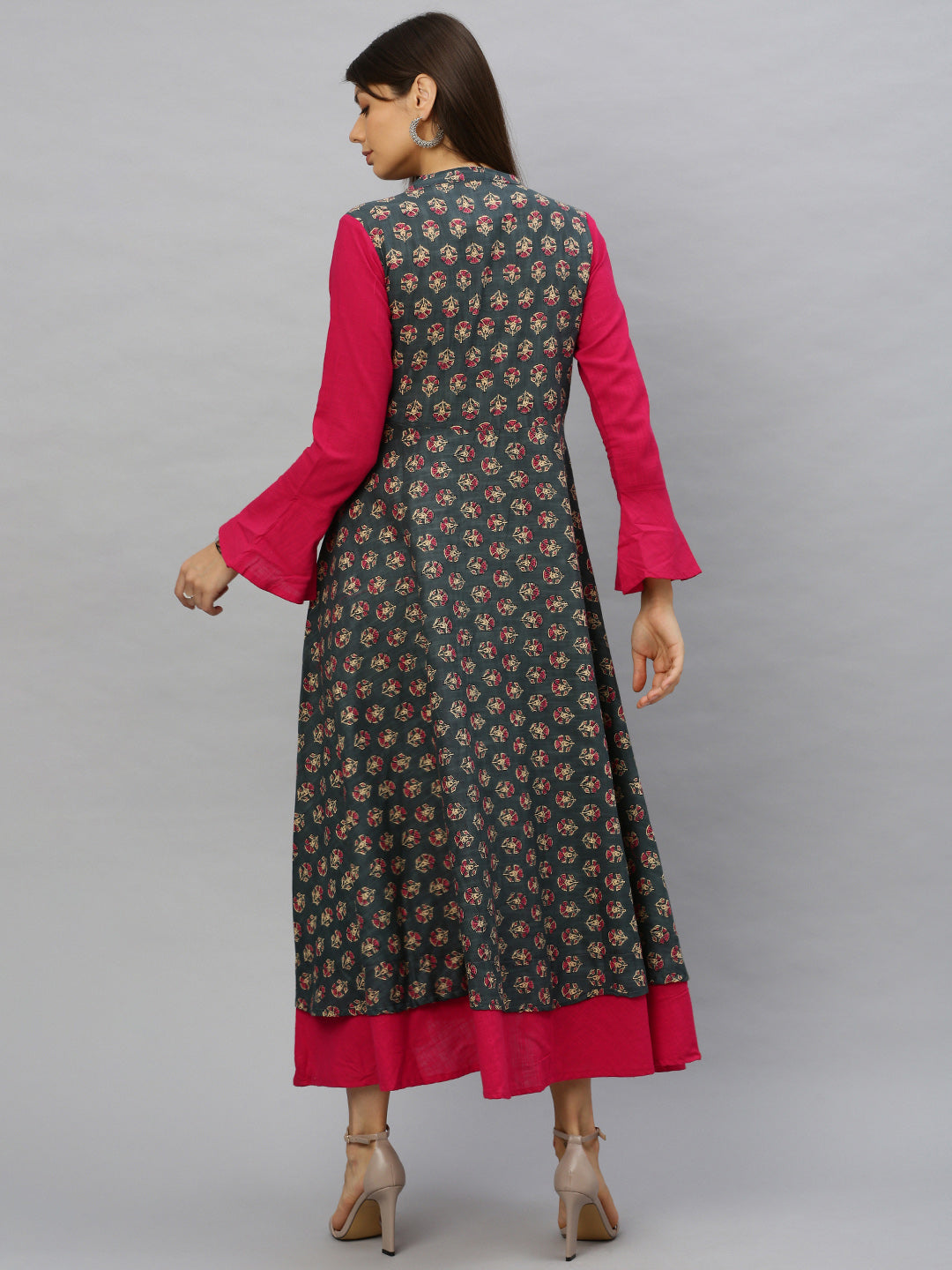Cotton Slub Floral Printed Embroidery Anarkali Kurta Dress (Grey)