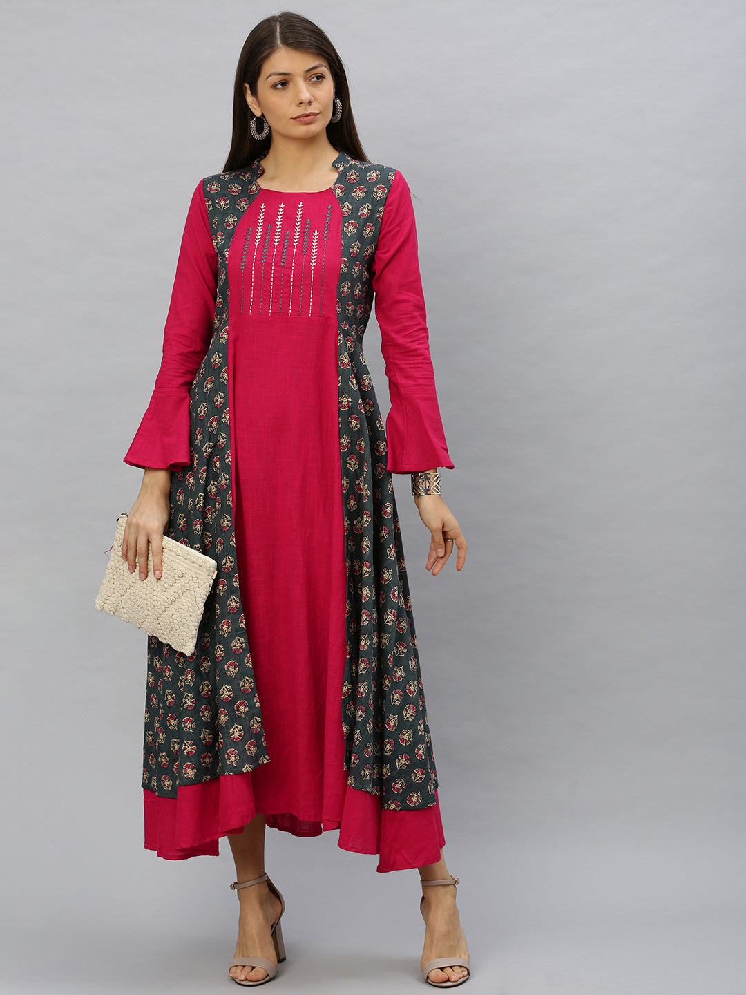 Cotton Slub Floral Printed Embroidery Anarkali Kurta Dress (Grey)