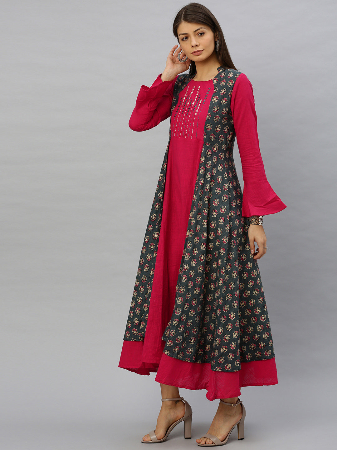 Cotton Slub Floral Printed Embroidery Anarkali Kurta Dress (Grey)