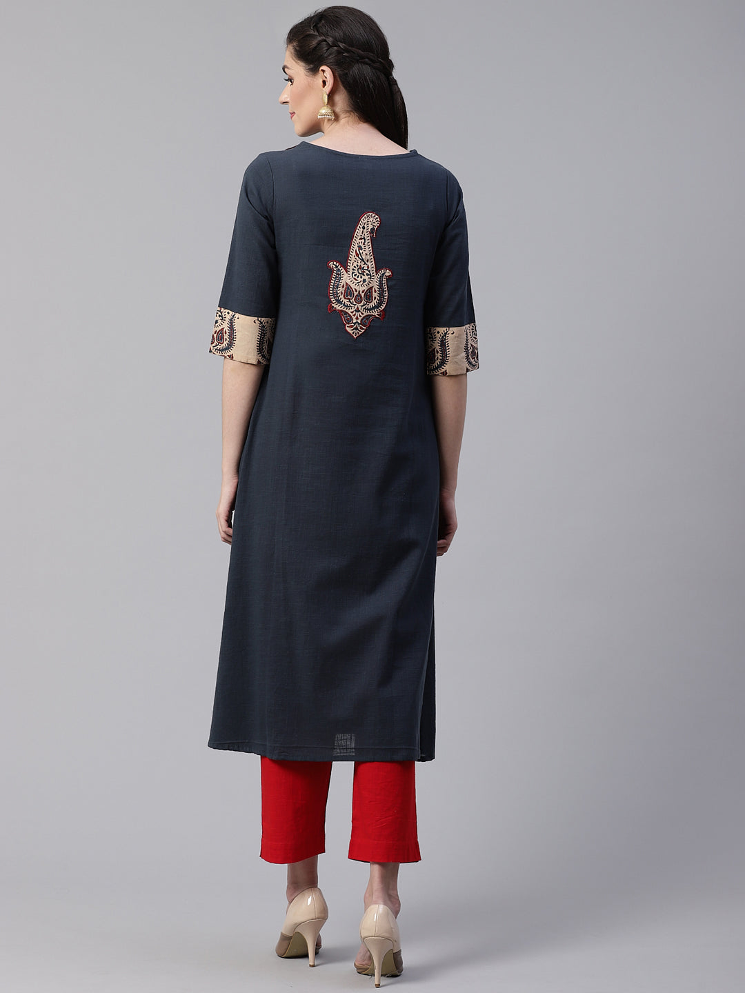 women cotton slub buta patch work a line kurta