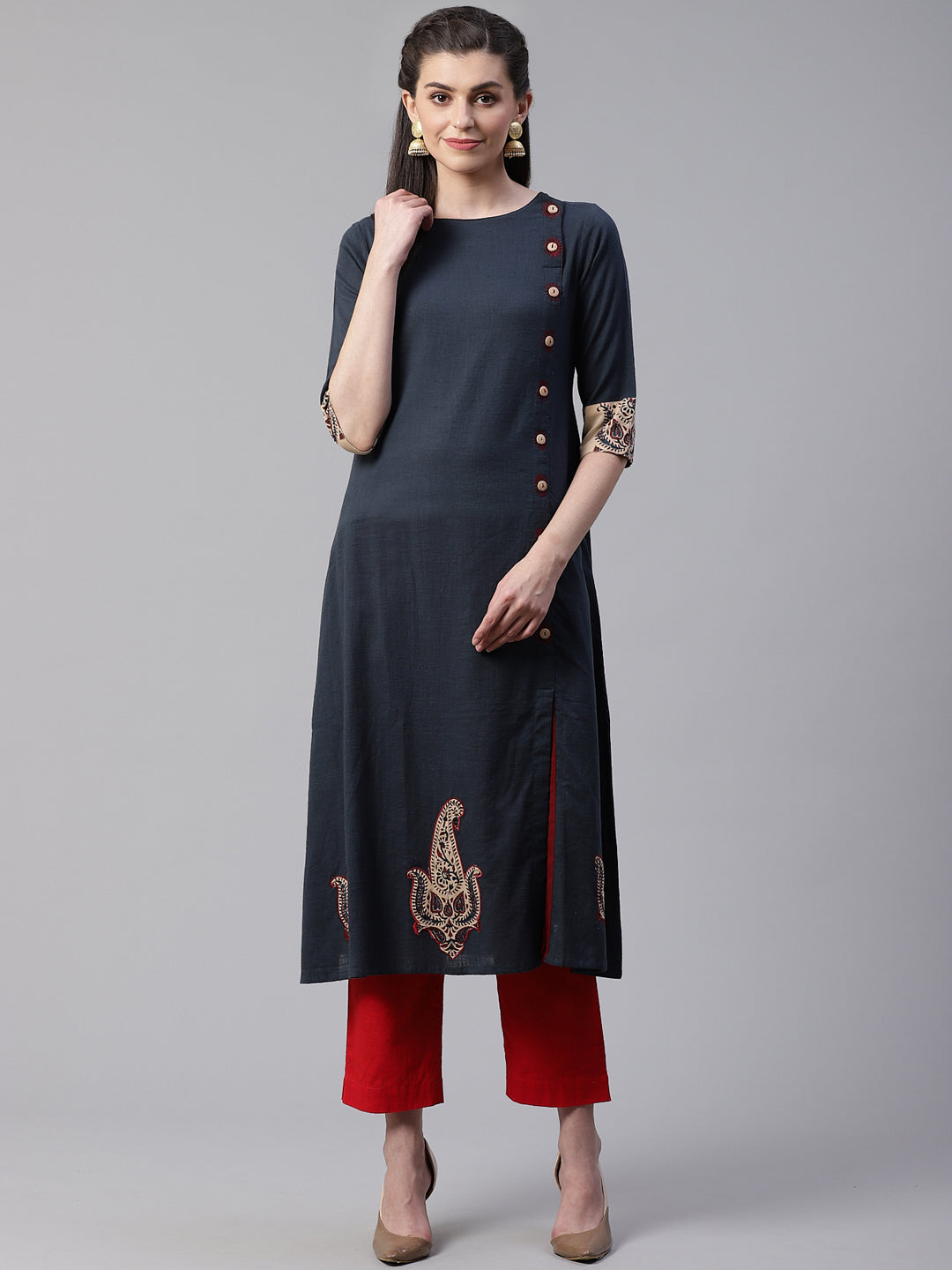 women cotton slub buta patch work a line kurta