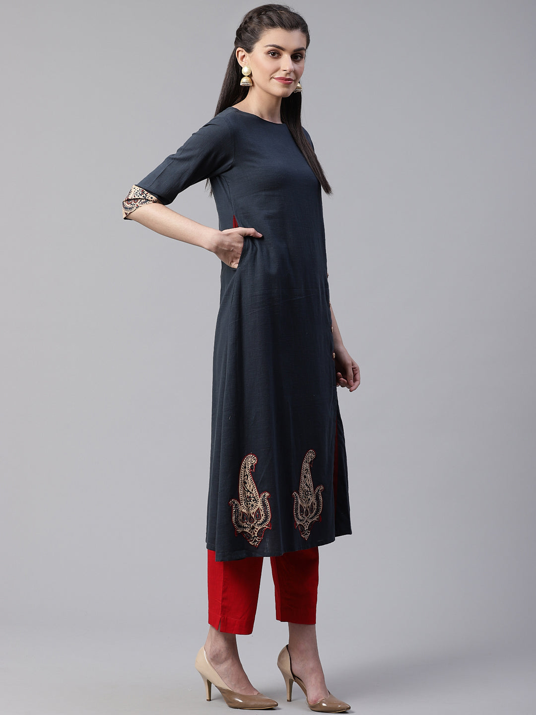 Cotton Slub Buta Patch Work A-line Kurta