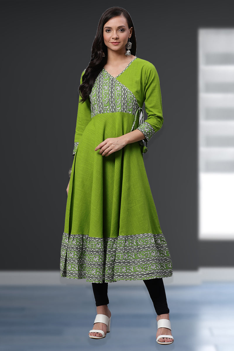 women cotton slub kalamkari printed angrakha style kurta
