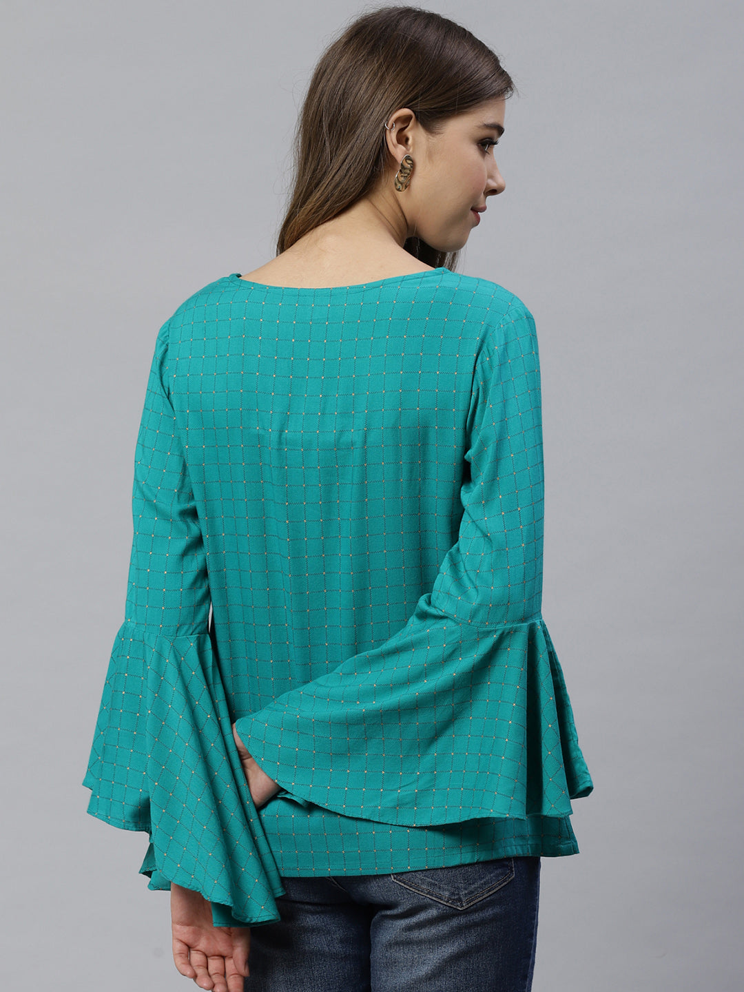 Rayon Checkered Printed Regular Top (RAMA GREEN)