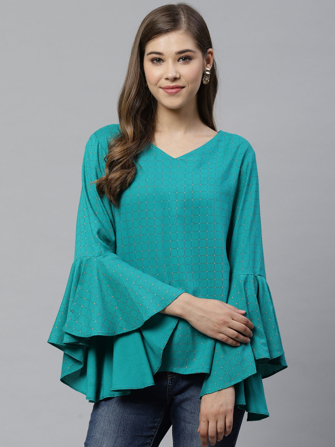 Rayon Checkered Printed Regular Top (RAMA GREEN)
