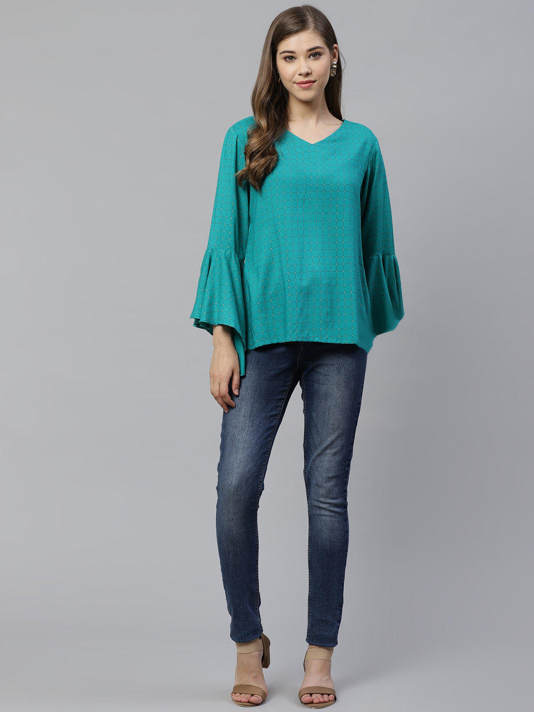 Rayon Checkered Printed Regular Top (RAMA GREEN)