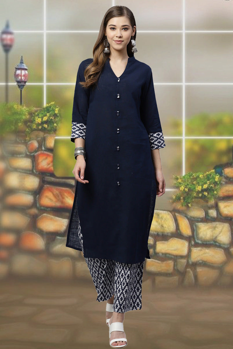 Cotton Slub & Cambric Cotton Geomatrical Printed Straight Kurta with Palazzo Set