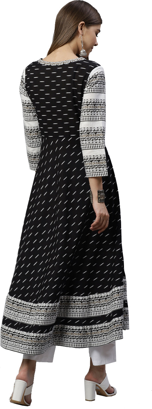 Cotton & Cotton Slub Ikat Printed Anarkali Kurta Dress