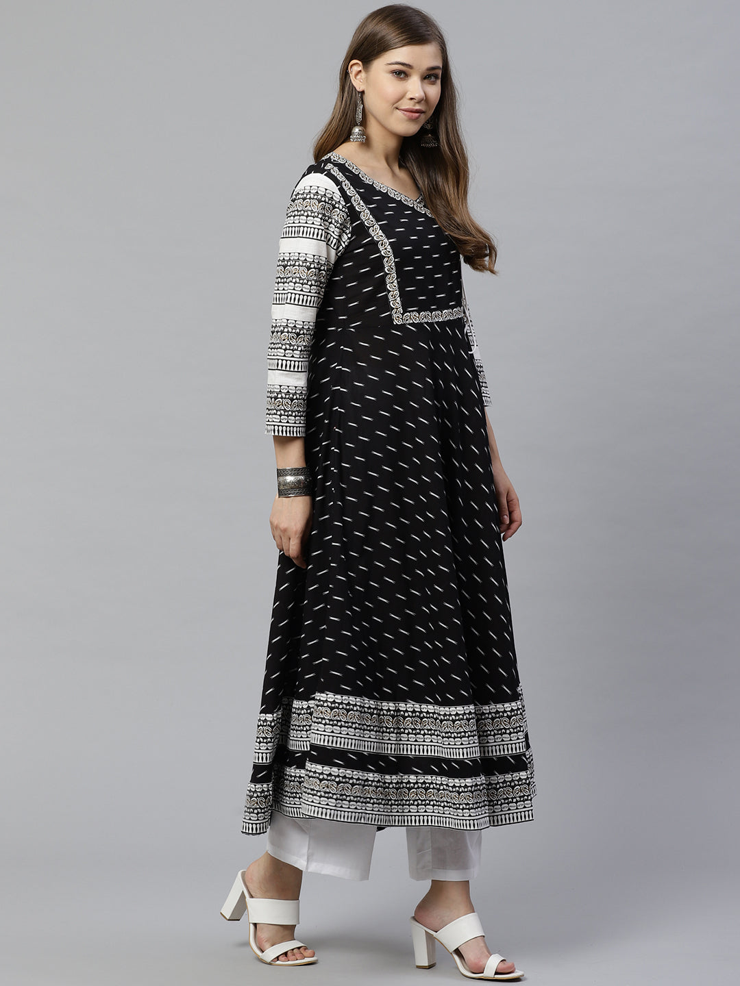 Cotton & Cotton Slub Ikat Printed Anarkali Kurta Dress