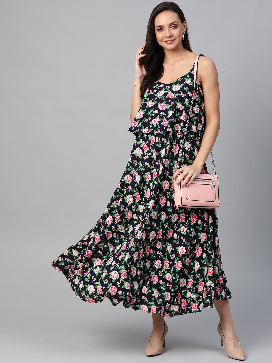 Rayon Straped Floral Printed Maxi Dress