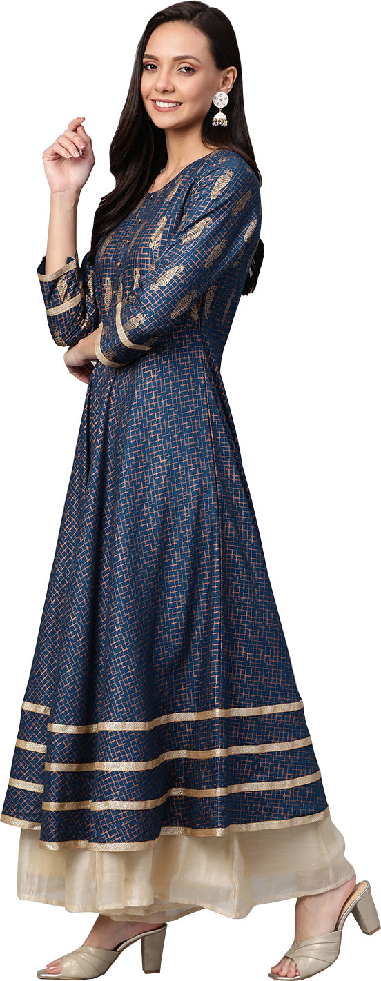 Rayon Copper & Gold Printed Anarkali Kurta