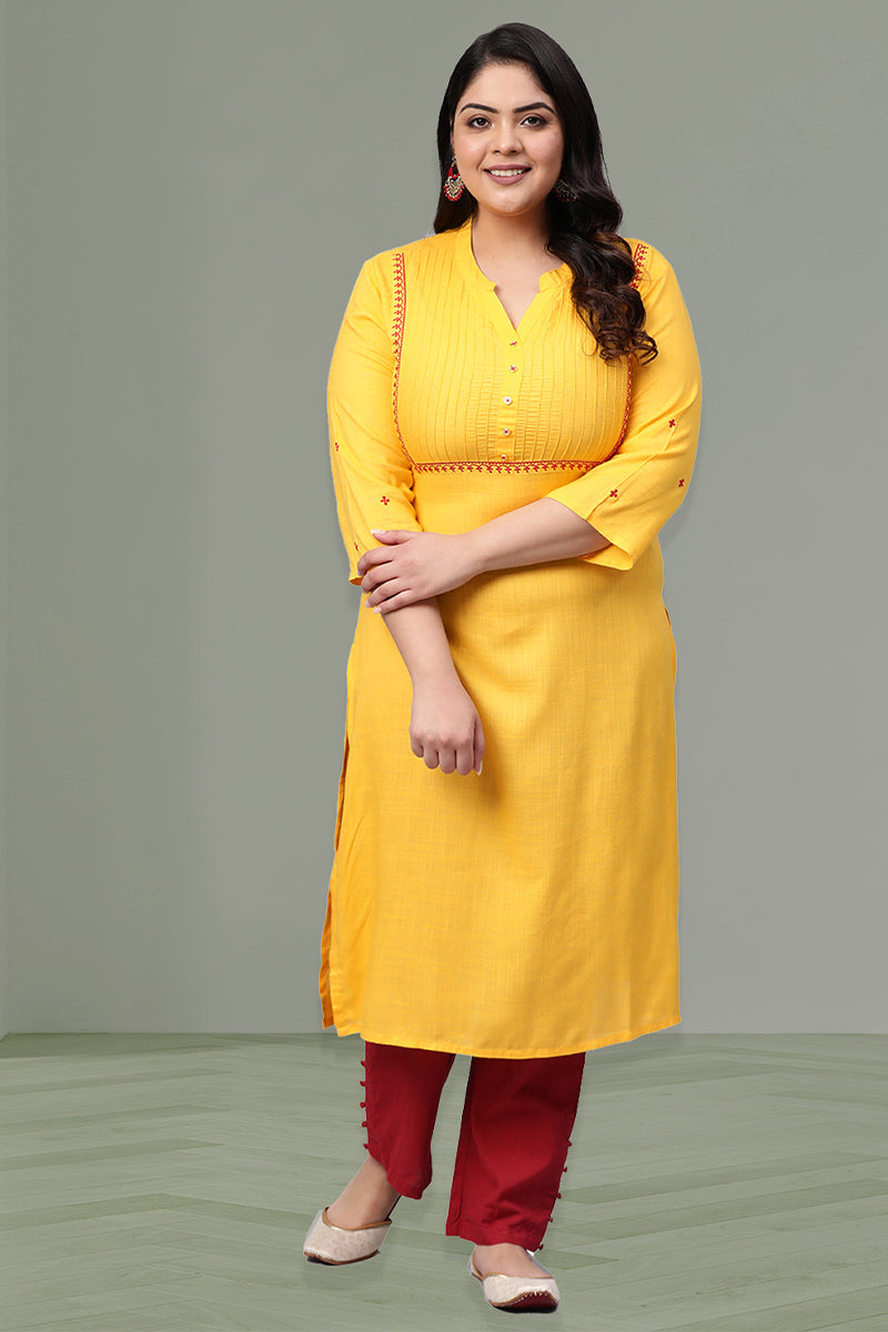 Rayon Slub Straight Pintucks Kurta (Yellow)