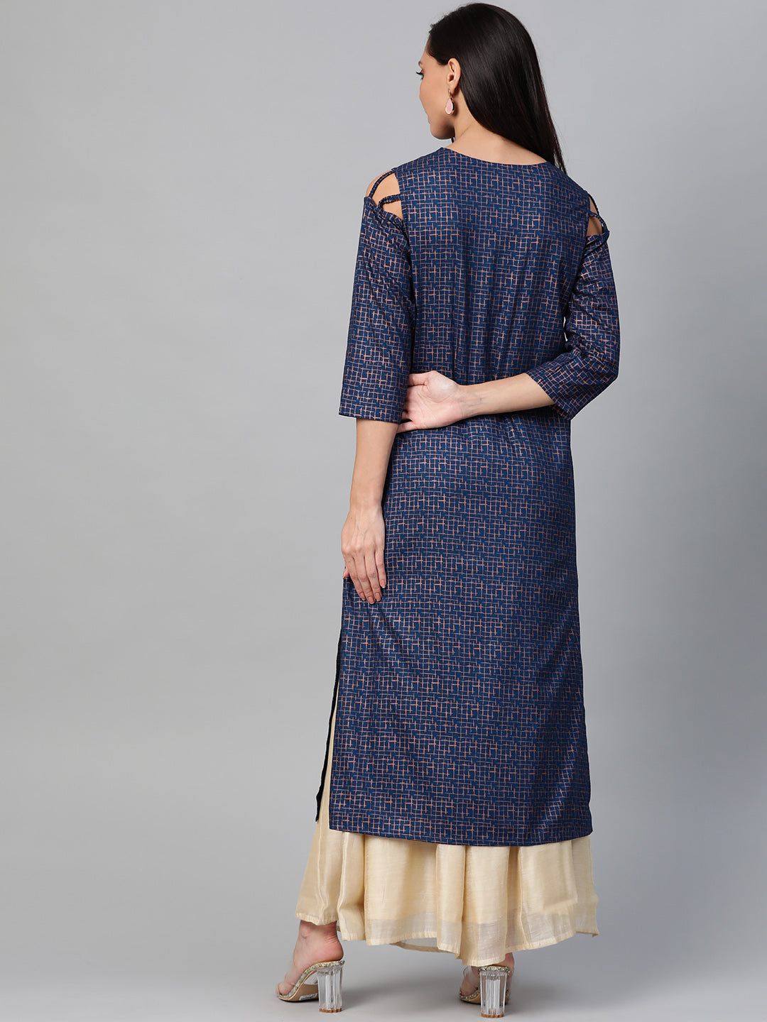 women rayon copper printed a line kurta blue