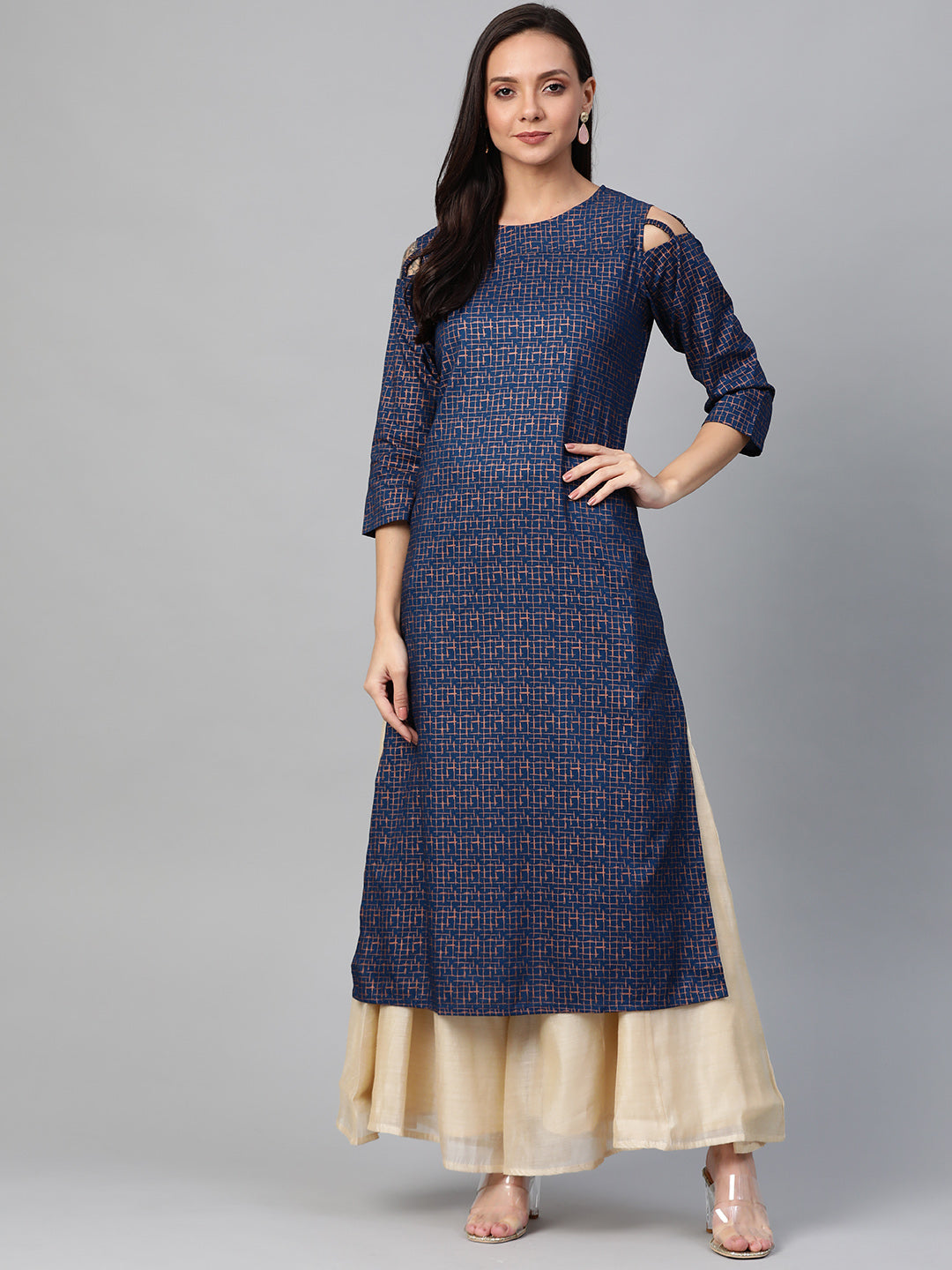 women rayon copper printed a line kurta blue