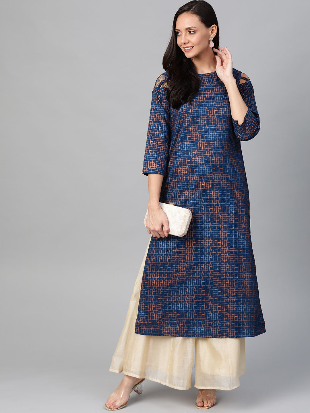 women rayon copper printed a line kurta blue