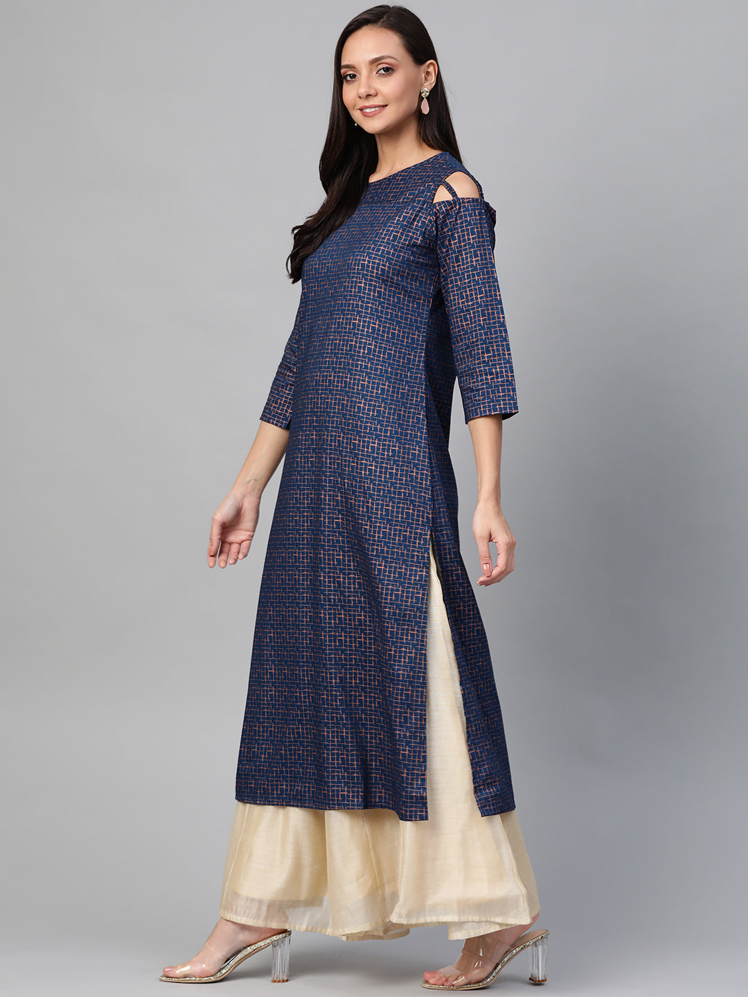 women rayon copper printed a line kurta blue