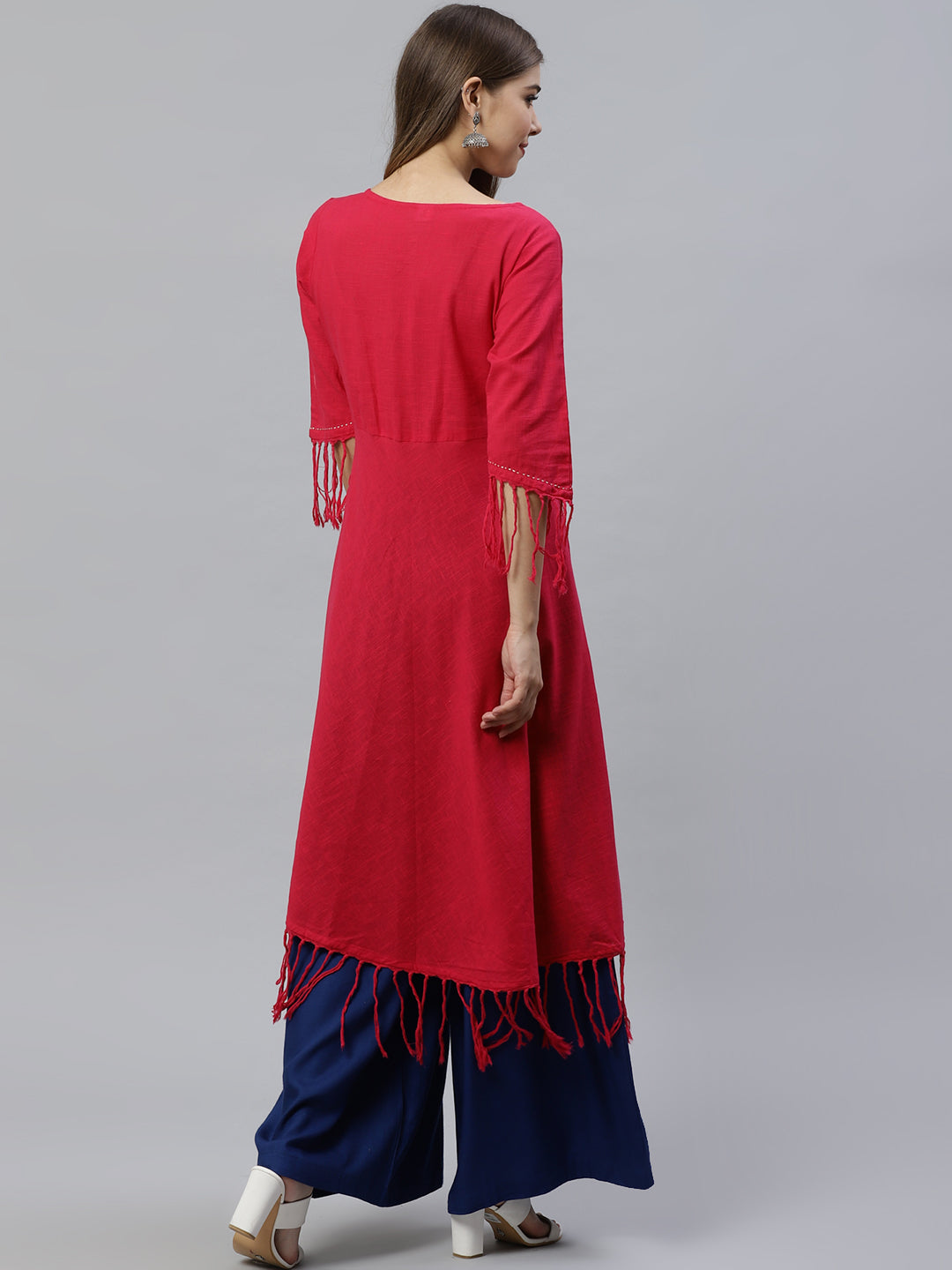 Cotton Slub Fringes A Line Kurta (Pink)
