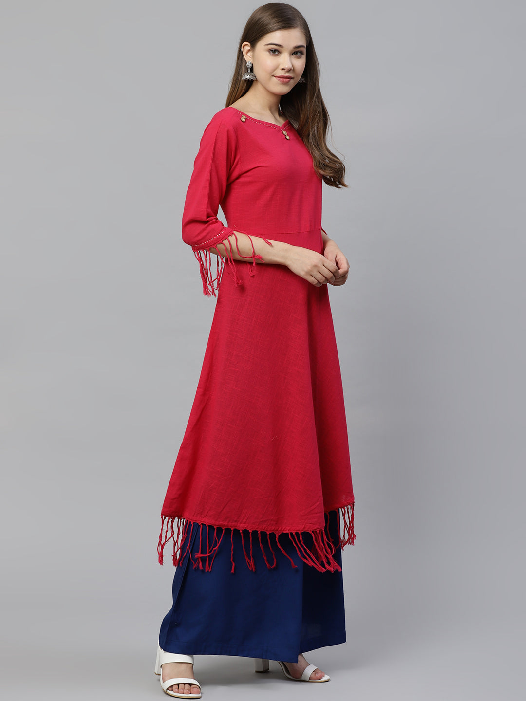 Cotton Slub Fringes A Line Kurta (Pink)