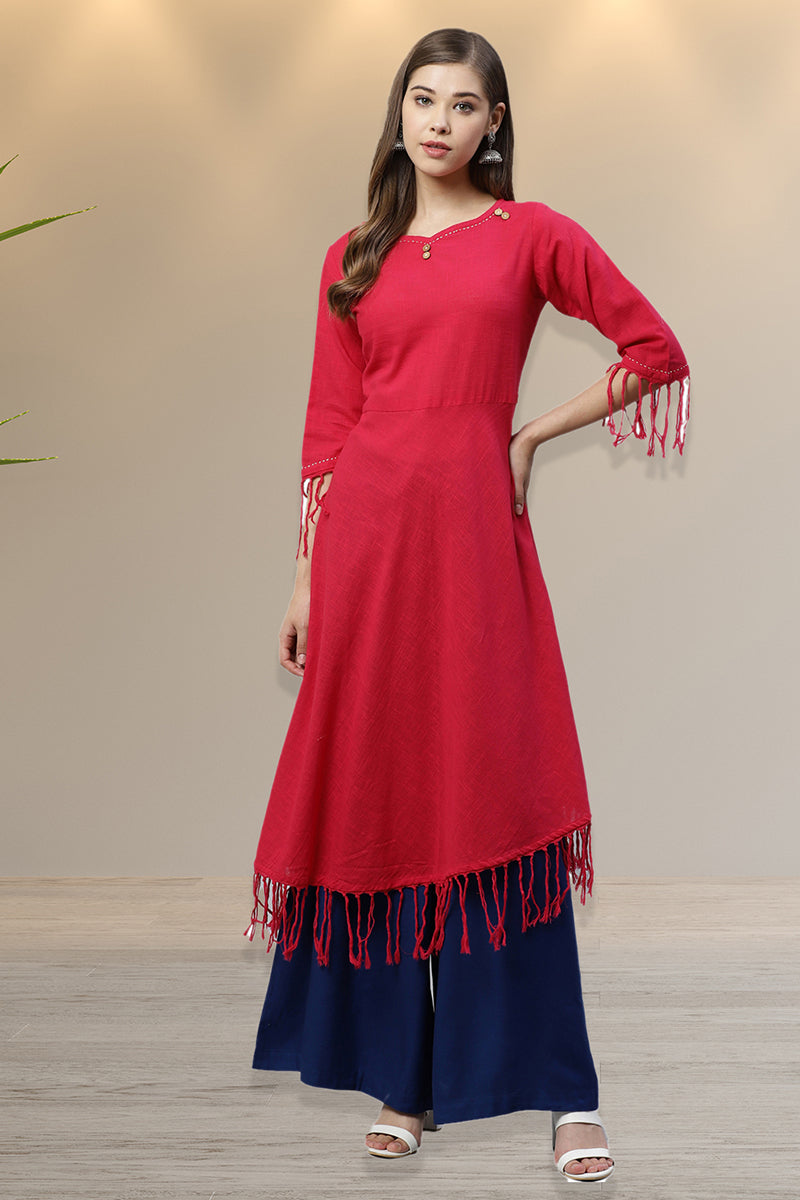 Cotton Slub Fringes A Line Kurta (Pink)