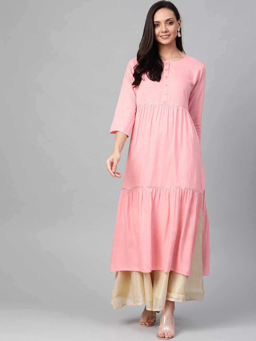 Rayon Slub Tiered Kurta (Pink)