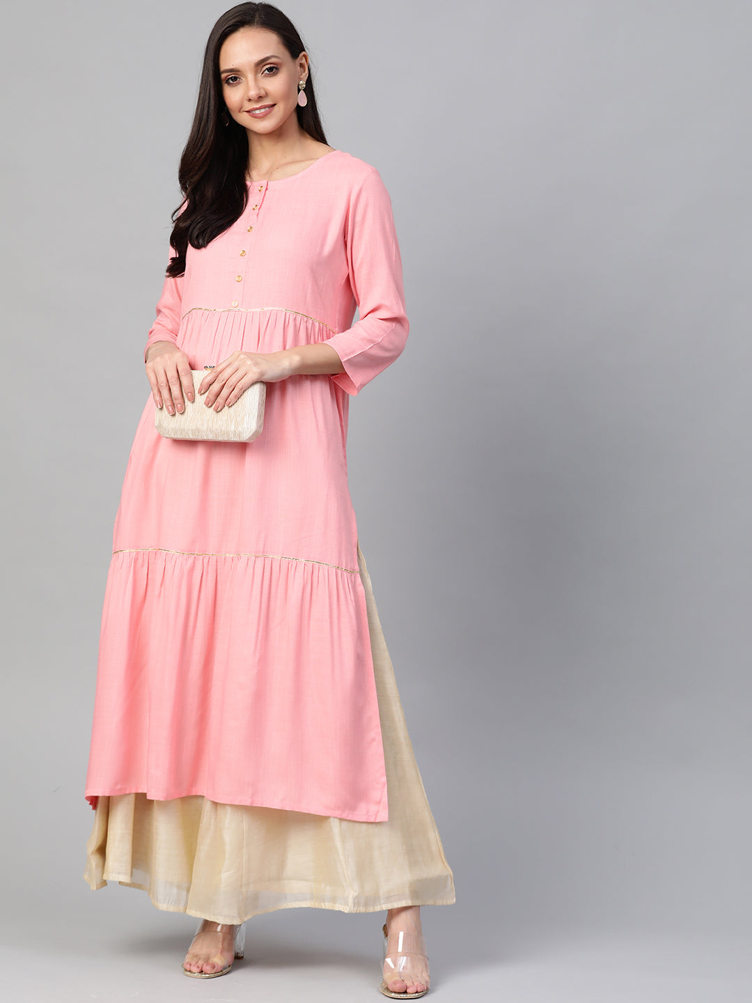 Rayon Slub Tiered Kurta (Pink)