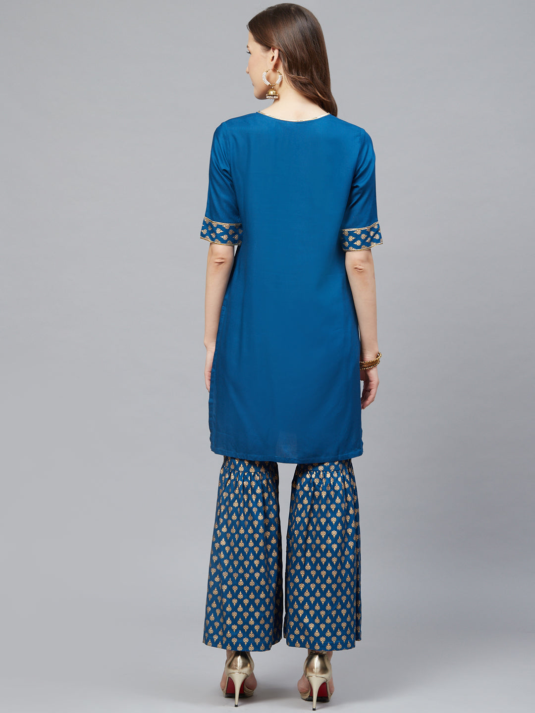 Rayon Gold Printed Straight Kurta & Sharara Set (Blue)