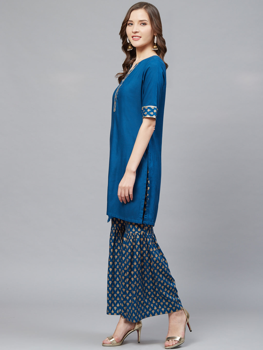 Rayon Gold Printed Straight Kurta & Sharara Set (Blue)