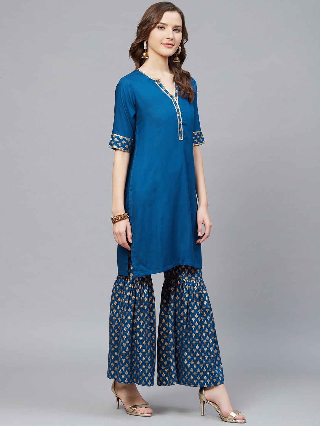 Rayon Gold Printed Straight Kurta & Sharara Set (Blue)