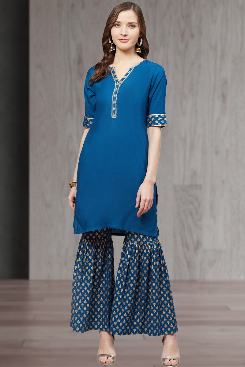 Rayon Gold Printed Straight Kurta & Sharara Set (Blue)