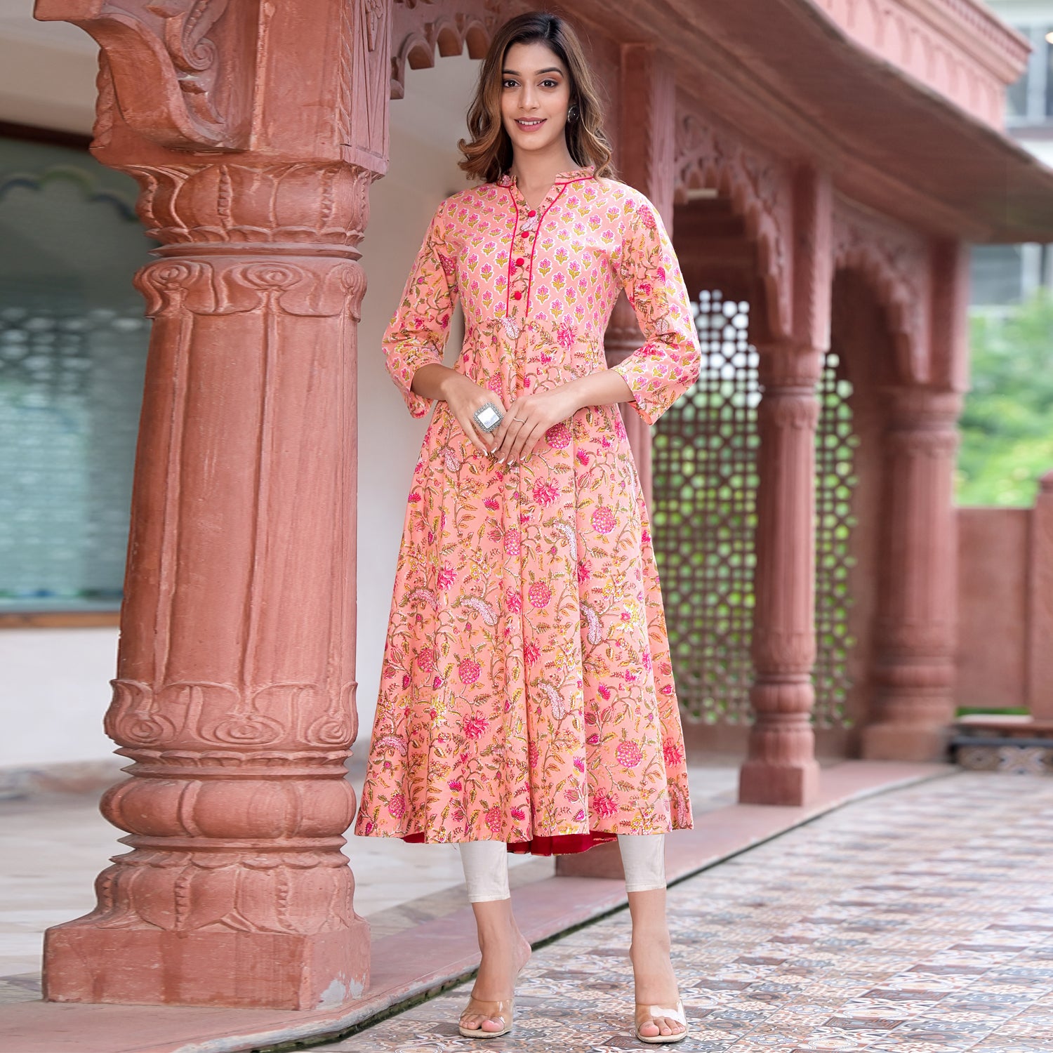 Cotton Floral Printed Anarkali Kurta (Pink) - Main Image