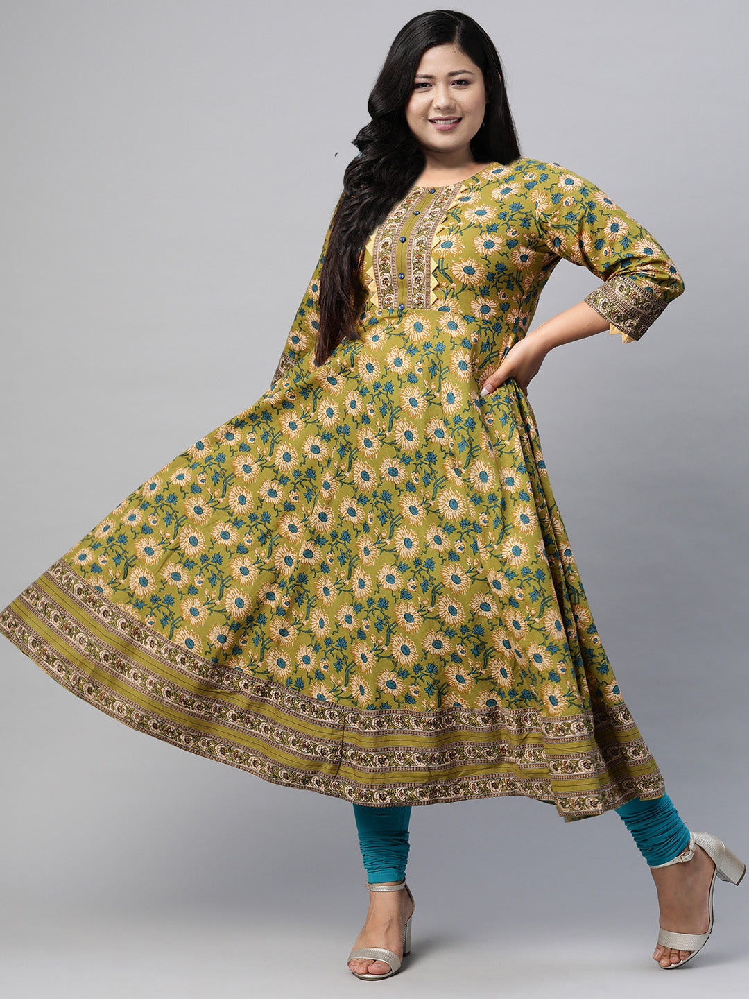 Cotton Floral Printed Anarkali Kurta (Green)