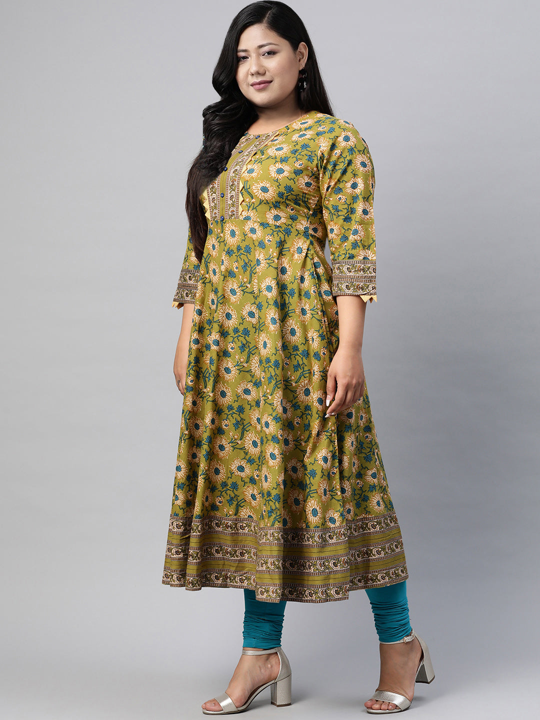 Cotton Floral Printed Anarkali Kurta (Green)