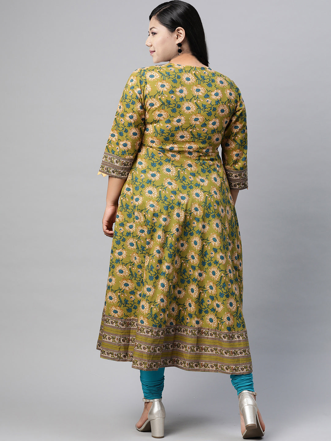 Cotton Floral Printed Anarkali Kurta (Green)