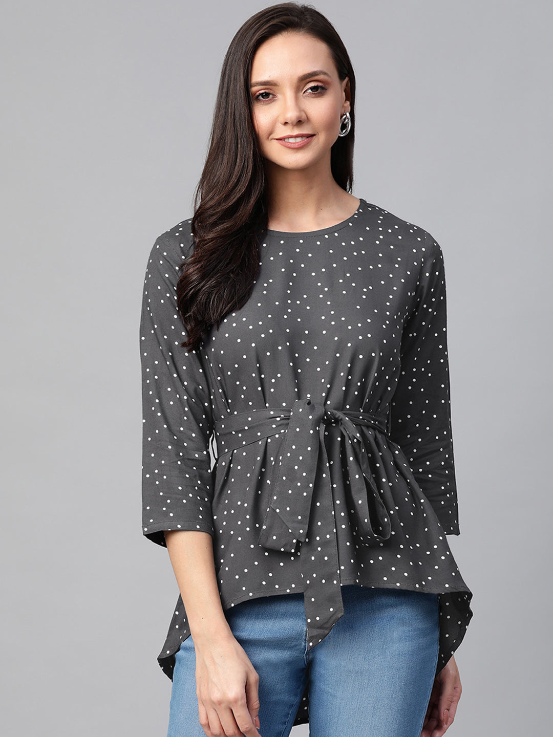 women rayon polka dot printed regular top grey