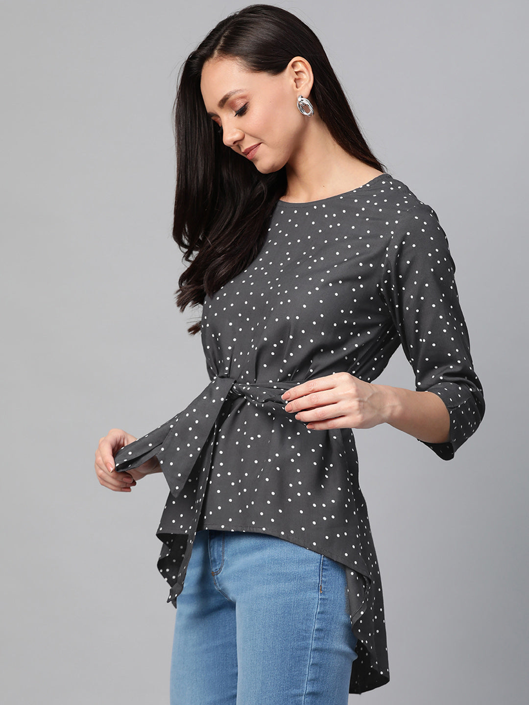 Rayon Polka Dot Printed Regular Top (GREY)