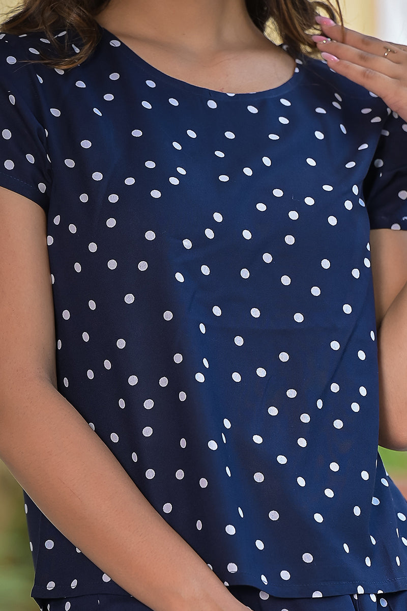 women polka print blue night suit set