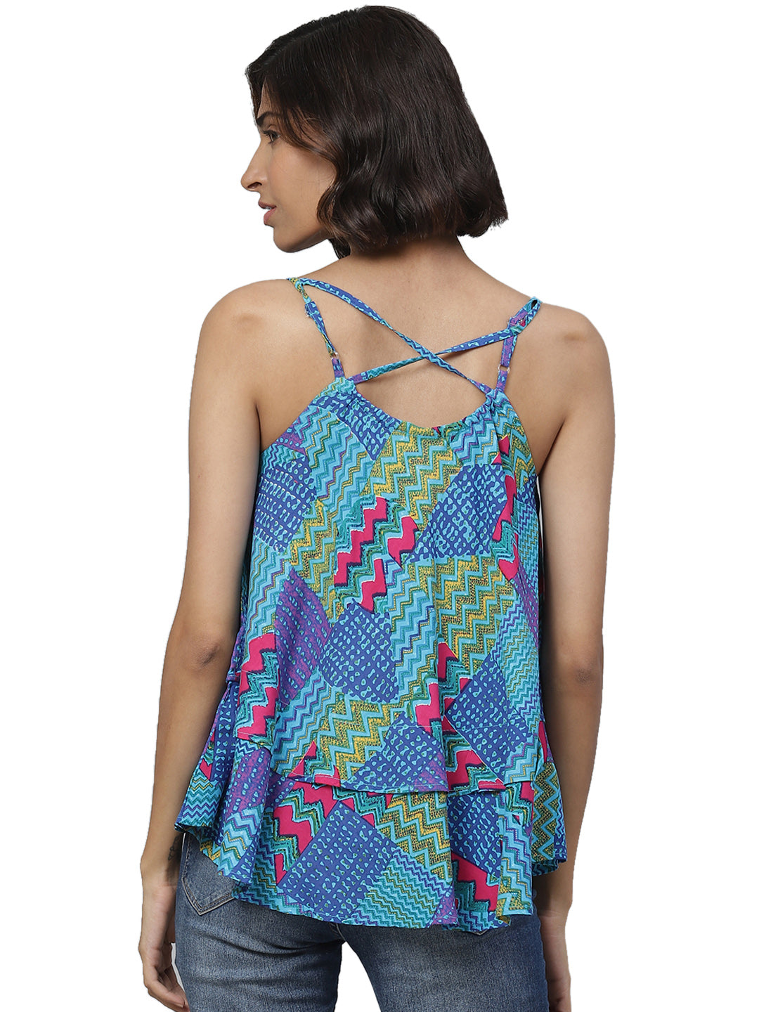 Spaghetti Strap Layered Ruffled Flared Tank Top (MULTI)