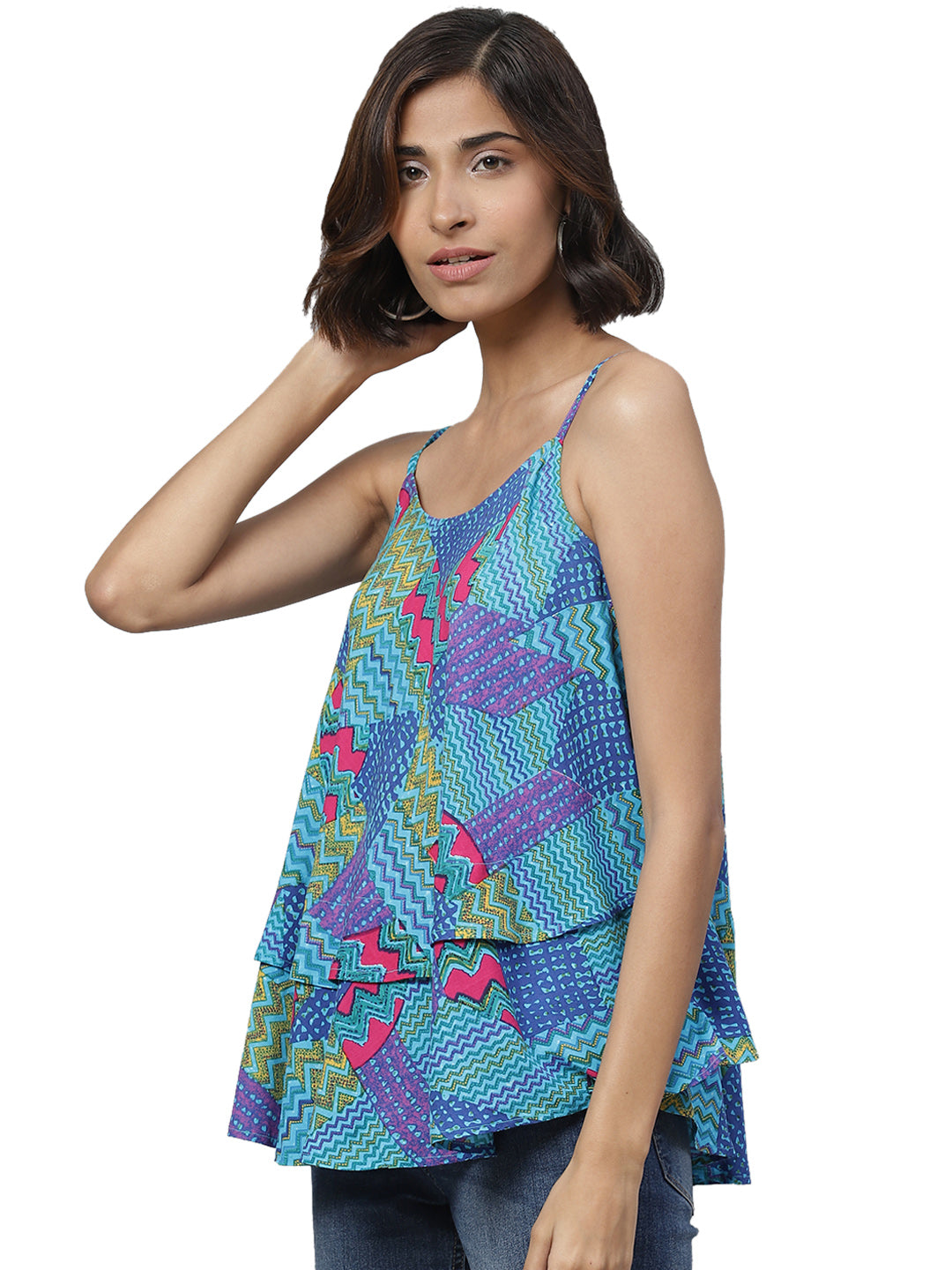 Spaghetti Strap Layered Ruffled Flared Tank Top (MULTI)