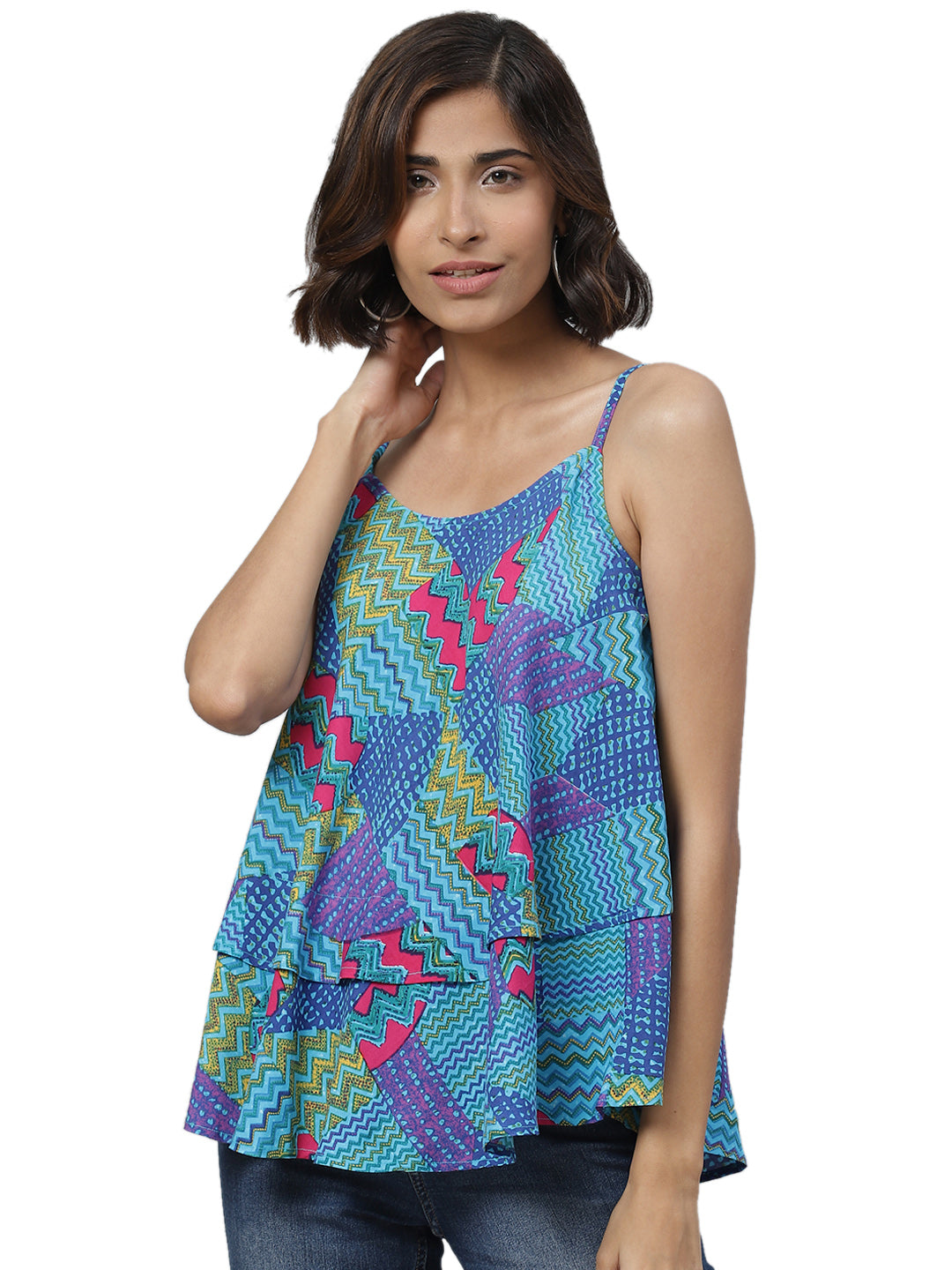 Spaghetti Strap Layered Ruffled Flared Tank Top (MULTI)