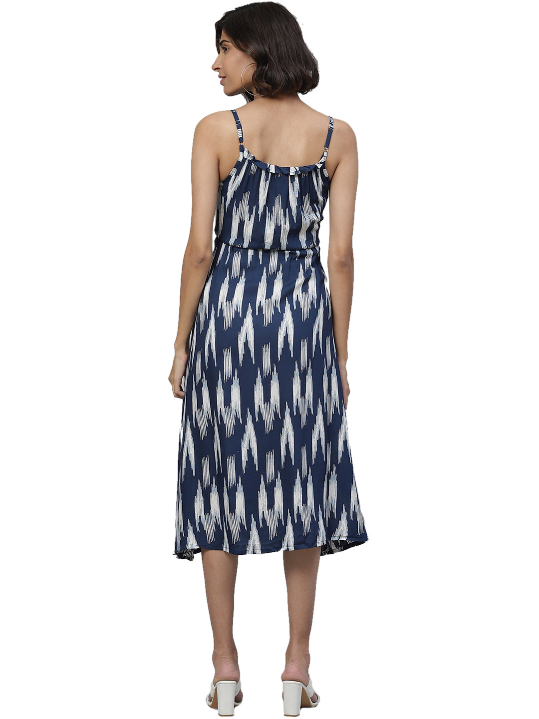 Ikat Printed Spaghetti Strap Ruffle Cami Dress (INDIGO)