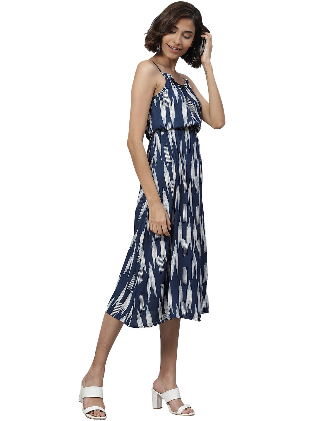 Ikat Printed Spaghetti Strap Ruffle Cami Dress (INDIGO)