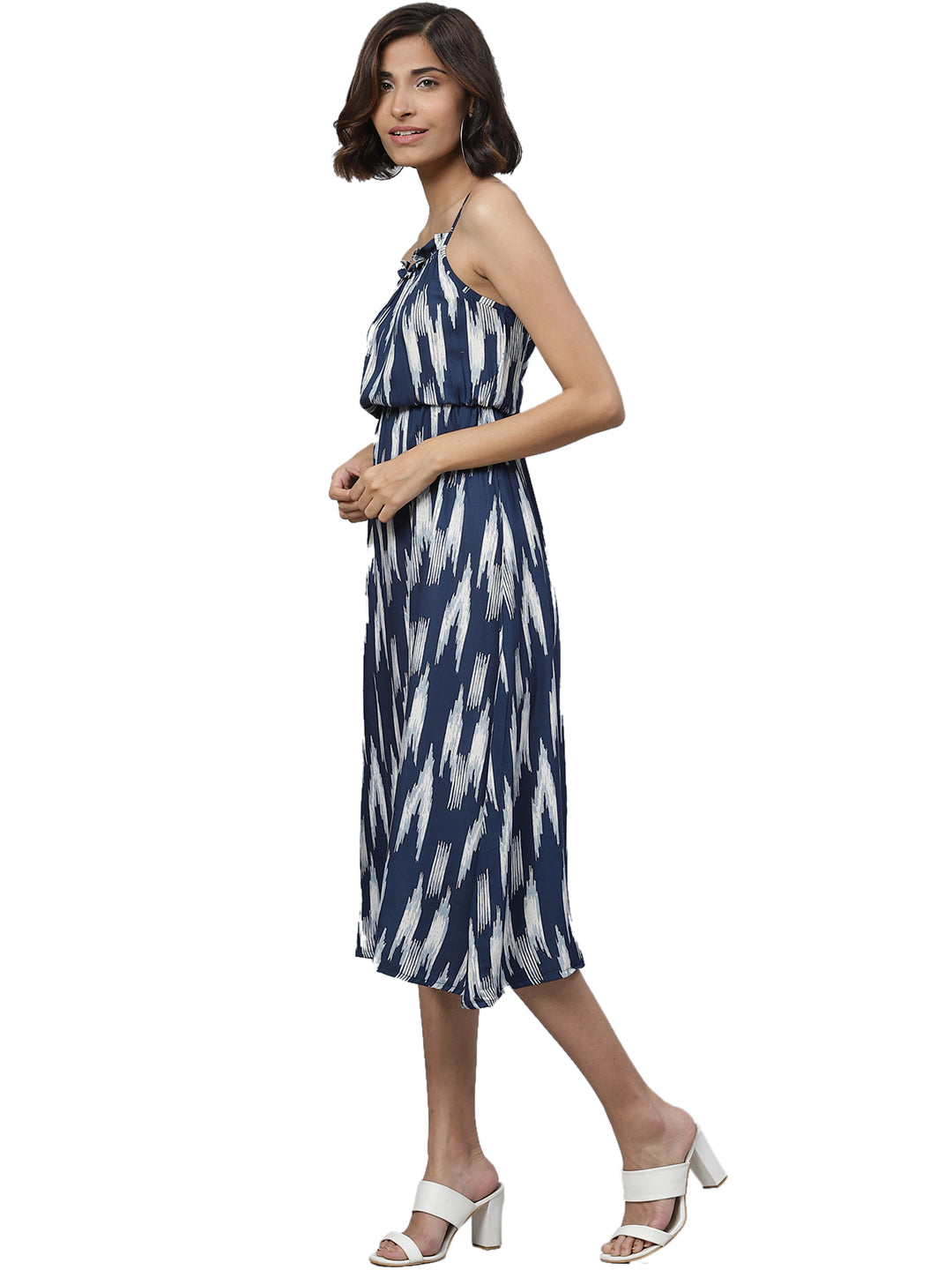 Ikat Printed Spaghetti Strap Ruffle Cami Dress (INDIGO)